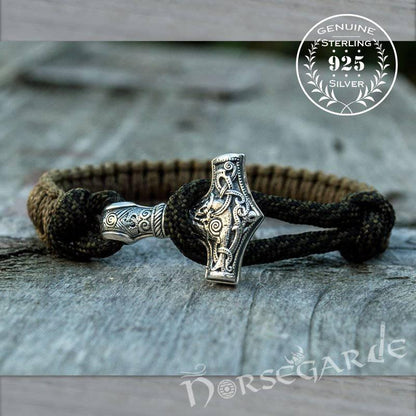 Handcrafted Coffee Paracord Bracelet with Mjölnir - Sterling Silver