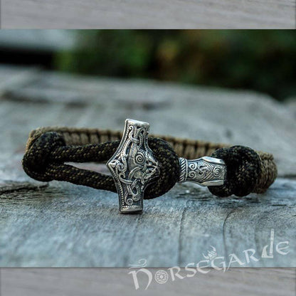 Handcrafted Coffee Paracord Bracelet with Mjölnir - Sterling Silver