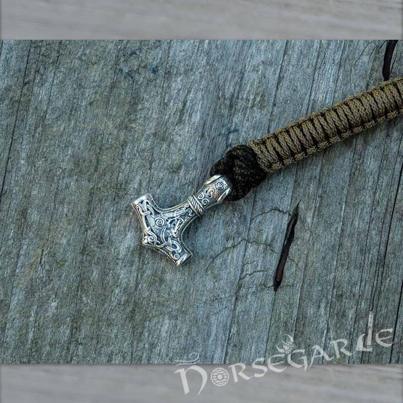 Handcrafted Coffee Paracord Bracelet with Mjölnir - Sterling Silver