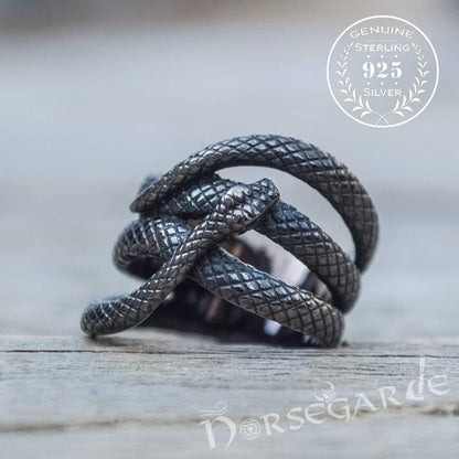 Handcrafted Coiled Jormungandr Ring - Ruthenium Plated Sterling Silver