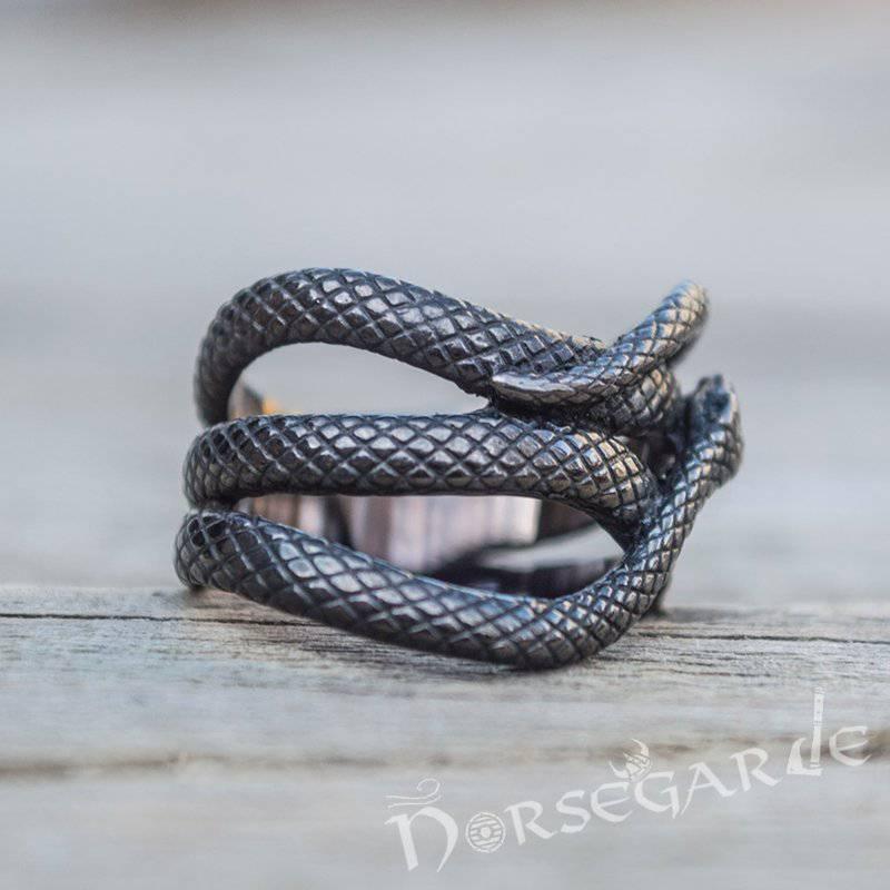 Handcrafted Coiled Jormungandr Ring - Ruthenium Plated Sterling Silver