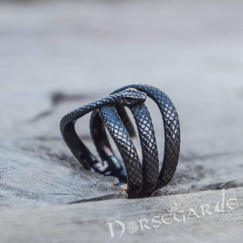 Handcrafted Coiled Jormungandr Ring - Ruthenium Plated Sterling Silver