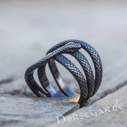 Handcrafted Coiled Jormungandr Ring - Ruthenium Plated Sterling Silver
