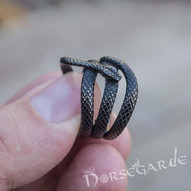 Handcrafted Coiled Jormungandr Ring - Ruthenium Plated Sterling Silver