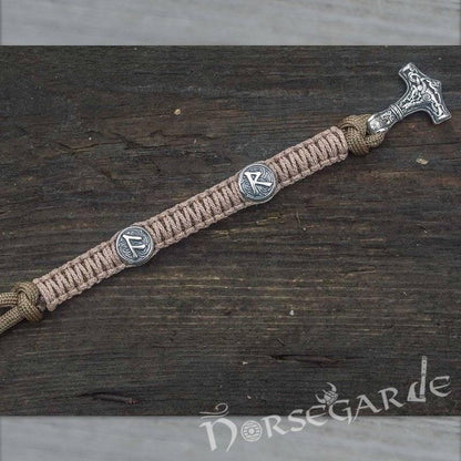 Handcrafted Cream Paracord Bracelet with Mjölnir and Runes - Sterling Silver