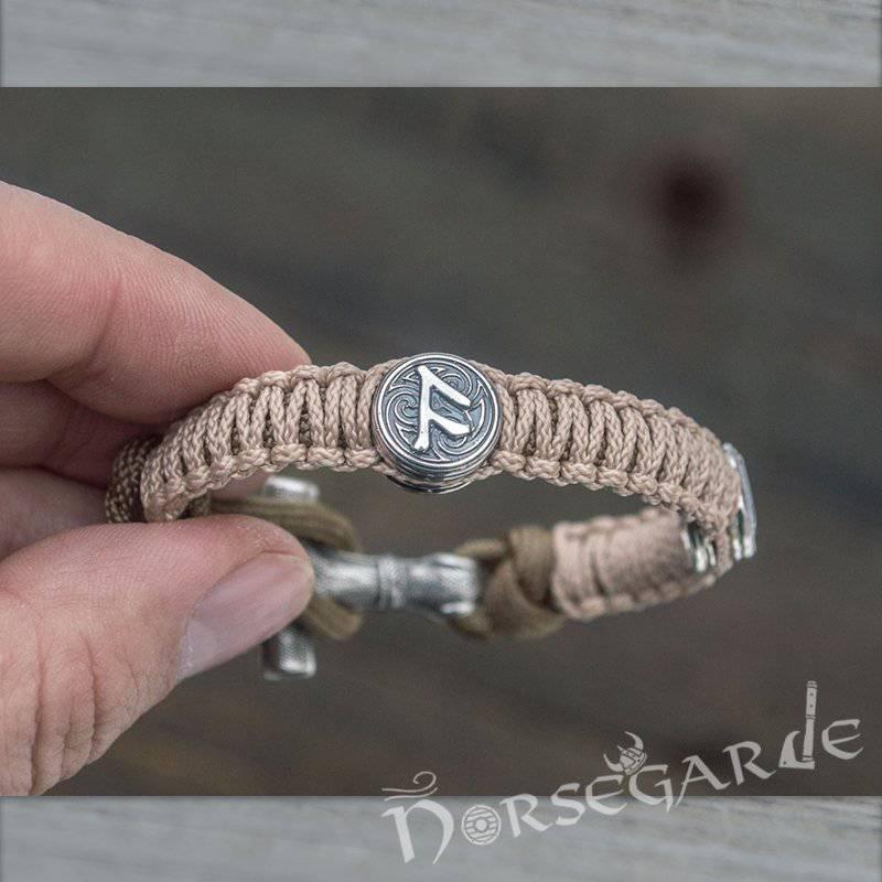 Handcrafted Cream Paracord Bracelet with Mjölnir and Runes - Sterling Silver