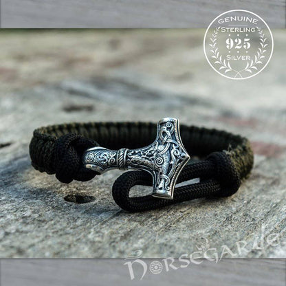 Handcrafted Dark Olive Paracord Bracelet with Mjölnir - Sterling Silver
