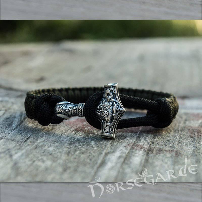 Handcrafted Dark Olive Paracord Bracelet with Mjölnir - Sterling Silver