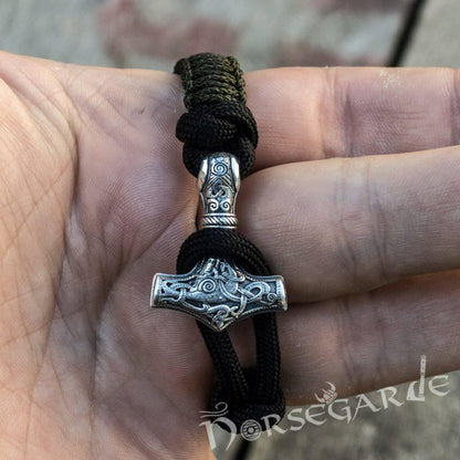 Handcrafted Dark Olive Paracord Bracelet with Mjölnir - Sterling Silver