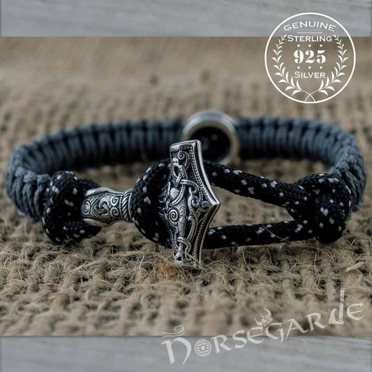 Handcrafted Dusky Paracord Bracelet with Mjölnir and Rune - Sterling Silver