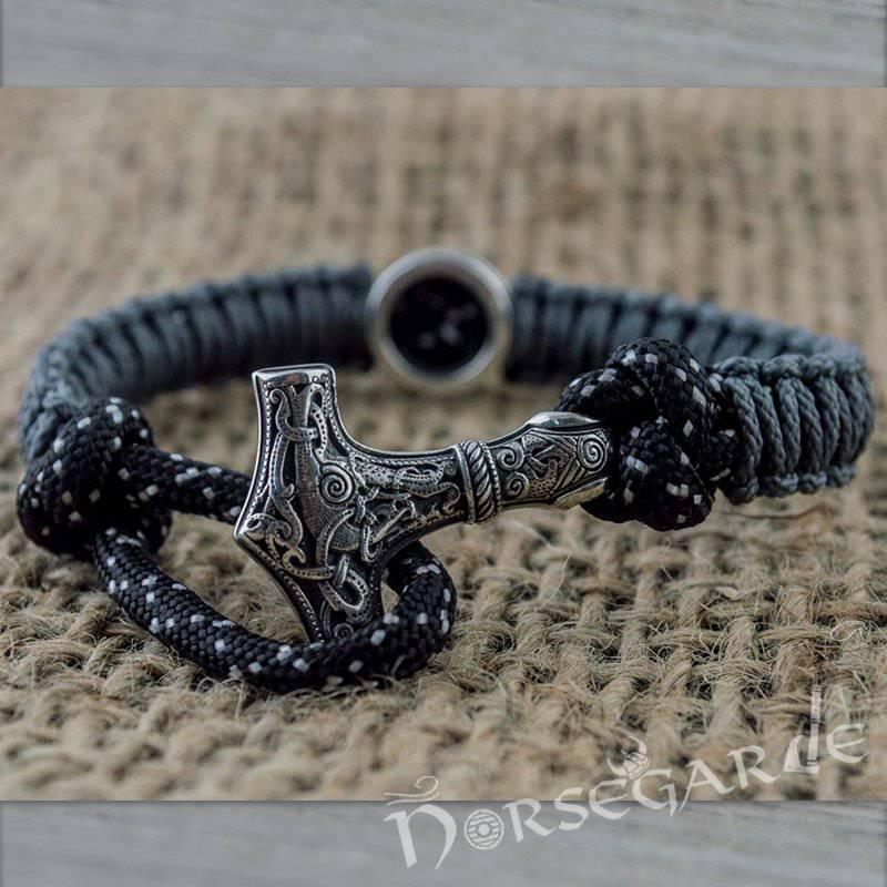 Handcrafted Dusky Paracord Bracelet with Mjölnir and Rune - Sterling Silver