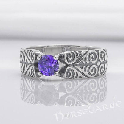 Handcrafted Floral Pattern Band with Gem - Sterling Silver