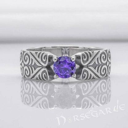 Handcrafted Floral Pattern Band with Gem - Sterling Silver