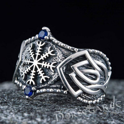 Handcrafted Gemmed Helm of Awe Celtic Ring - Sterling Silver