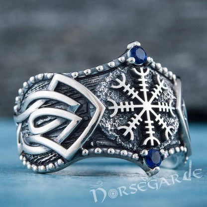 Handcrafted Gemmed Helm of Awe Celtic Ring - Sterling Silver