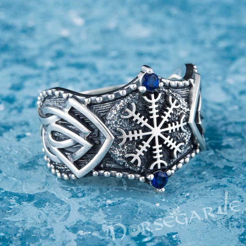 Handcrafted Gemmed Helm of Awe Celtic Ring - Sterling Silver