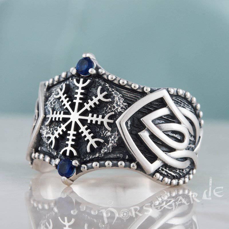 Handcrafted Gemmed Helm of Awe Celtic Ring - Sterling Silver