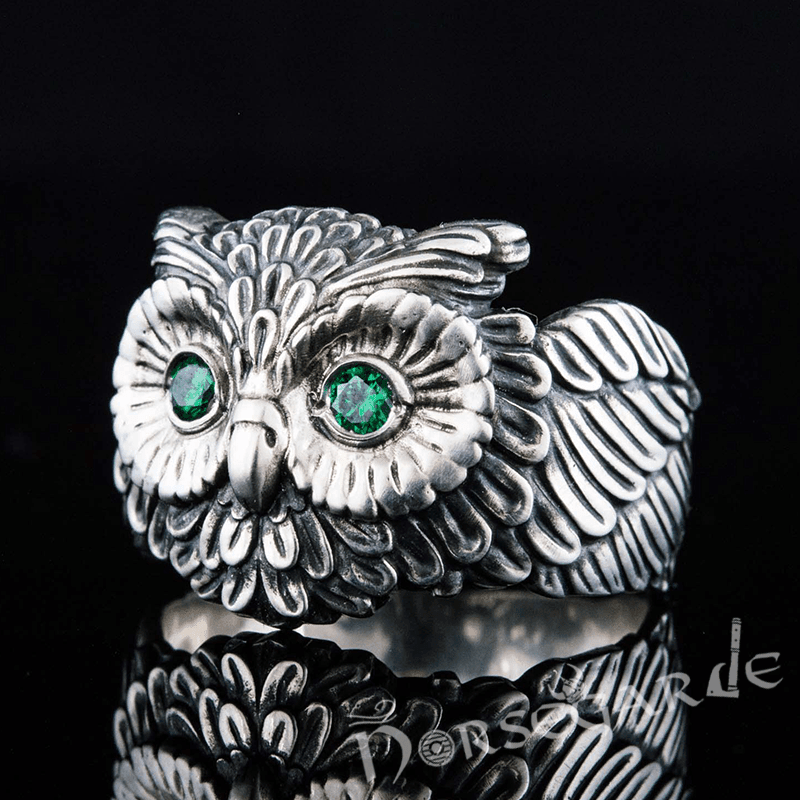 Handcrafted Gemmed Owl Ring - Sterling Silver