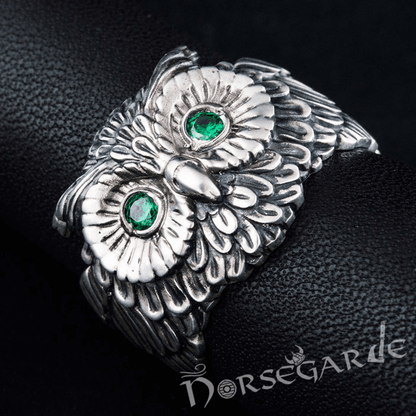 Handcrafted Gemmed Owl Ring - Sterling Silver