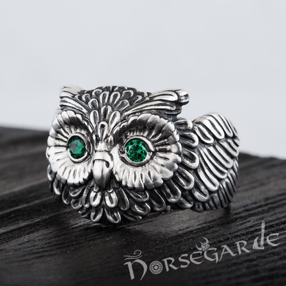 Handcrafted Gemmed Owl Ring - Sterling Silver