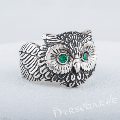 Handcrafted Gemmed Owl Ring - Sterling Silver