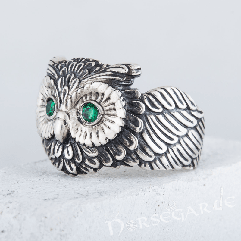 Handcrafted Gemmed Owl Ring - Sterling Silver