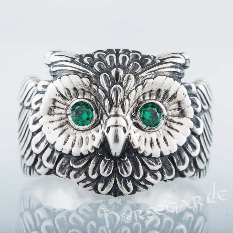 Handcrafted Gemmed Owl Ring - Sterling Silver