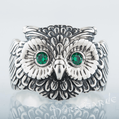 Handcrafted Gemmed Owl Ring - Sterling Silver
