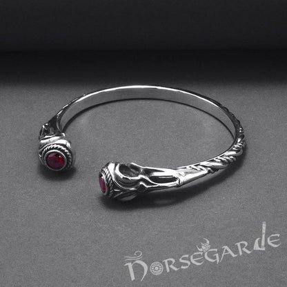 Handcrafted Gemmed Raven Skull Torc Bracelet - Sterling Silver
