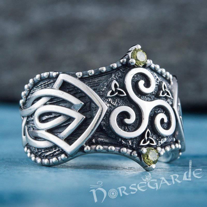 Handcrafted Gemmed Triskelion Celtic Ring - Sterling Silver