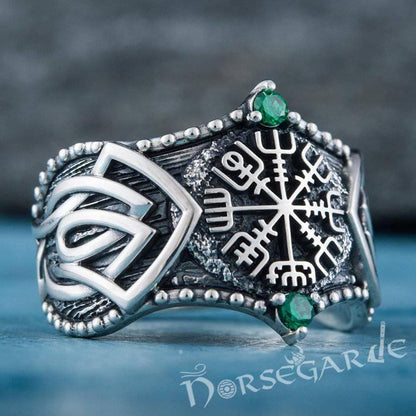 Handcrafted Gemmed Vegvisir Celtic Ring - Sterling Silver