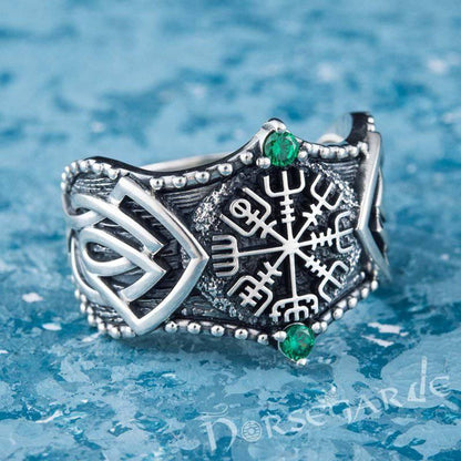 Handcrafted Gemmed Vegvisir Celtic Ring - Sterling Silver