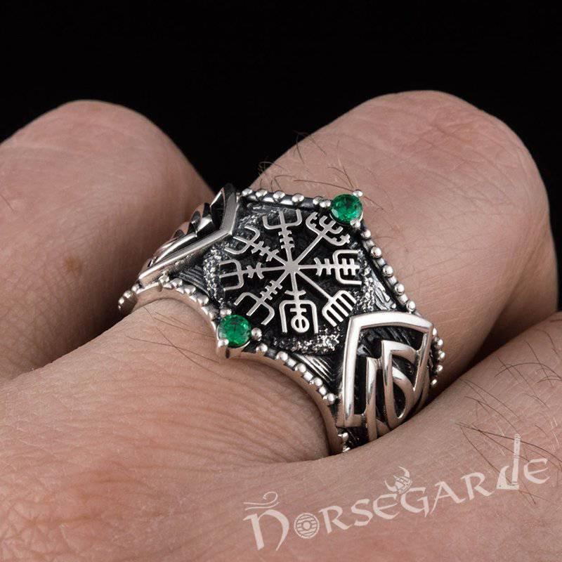 Handcrafted Gemmed Vegvisir Celtic Ring - Sterling Silver