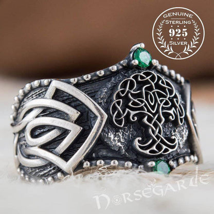 Handcrafted Gemmed Yggdrasil Celtic Ring - Sterling Silver
