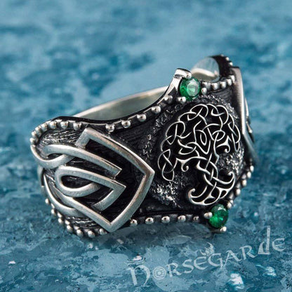 Handcrafted Gemmed Yggdrasil Celtic Ring - Sterling Silver