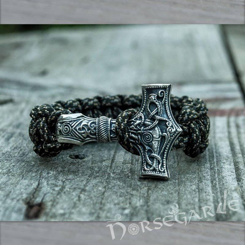 Handcrafted Gravel Paracord Bracelet with Large Mjölnir - Sterling Silver