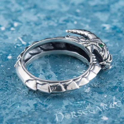 Handcrafted Green Eyed Jormungandr Ring - Sterling Silver