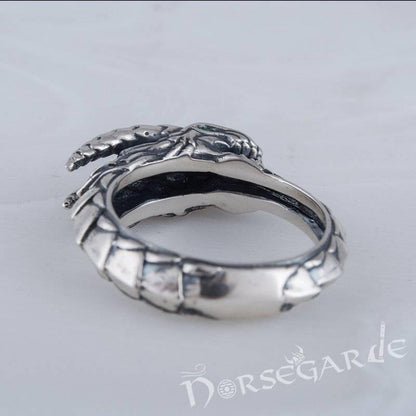 Handcrafted Green Eyed Jormungandr Ring - Sterling Silver