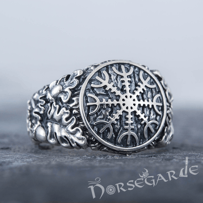 Handcrafted Helm of Awe Rune Oak Leaves Ring - Sterling Silver