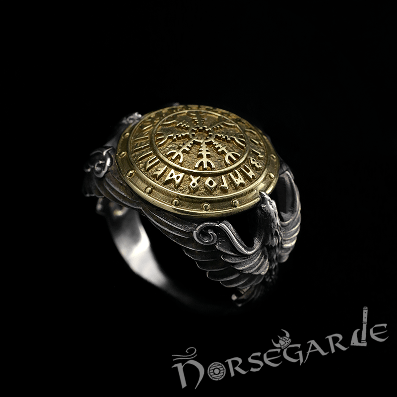 Handcrafted Helm of Awe Shield and Ravens Ring - Sterling Silver & Brass