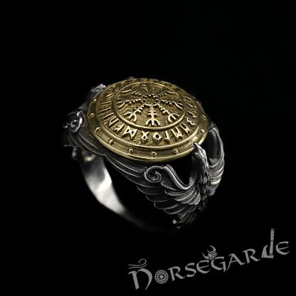 Handcrafted Helm of Awe Shield and Ravens Ring - Sterling Silver & Brass