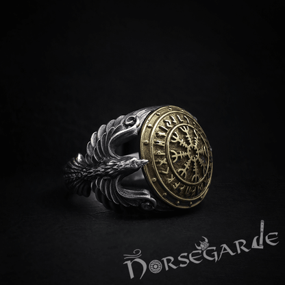 Handcrafted Helm of Awe Shield and Ravens Ring - Sterling Silver & Brass