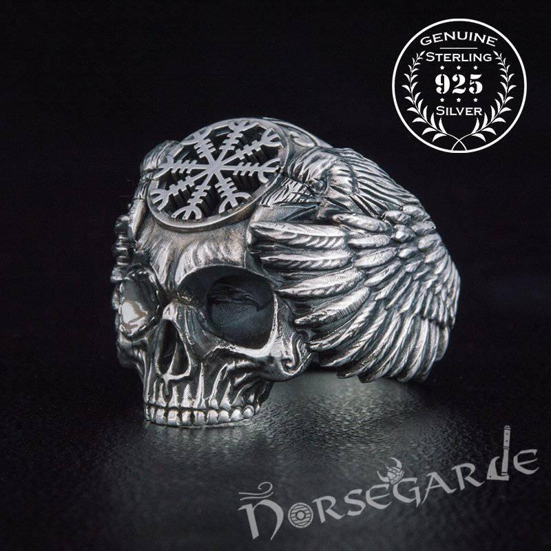 Handcrafted Helm of Awe Skull and Ravens Ring - Sterling Silver