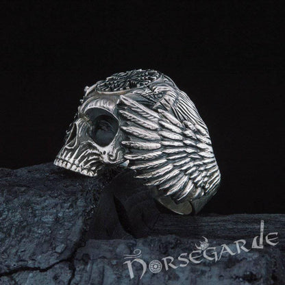 Handcrafted Helm of Awe Skull and Ravens Ring - Sterling Silver