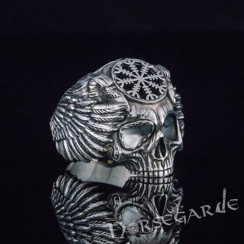 Handcrafted Helm of Awe Skull and Ravens Ring - Sterling Silver