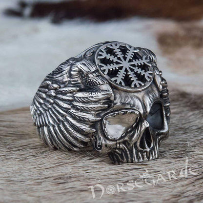 Handcrafted Helm of Awe Skull and Ravens Ring - Sterling Silver