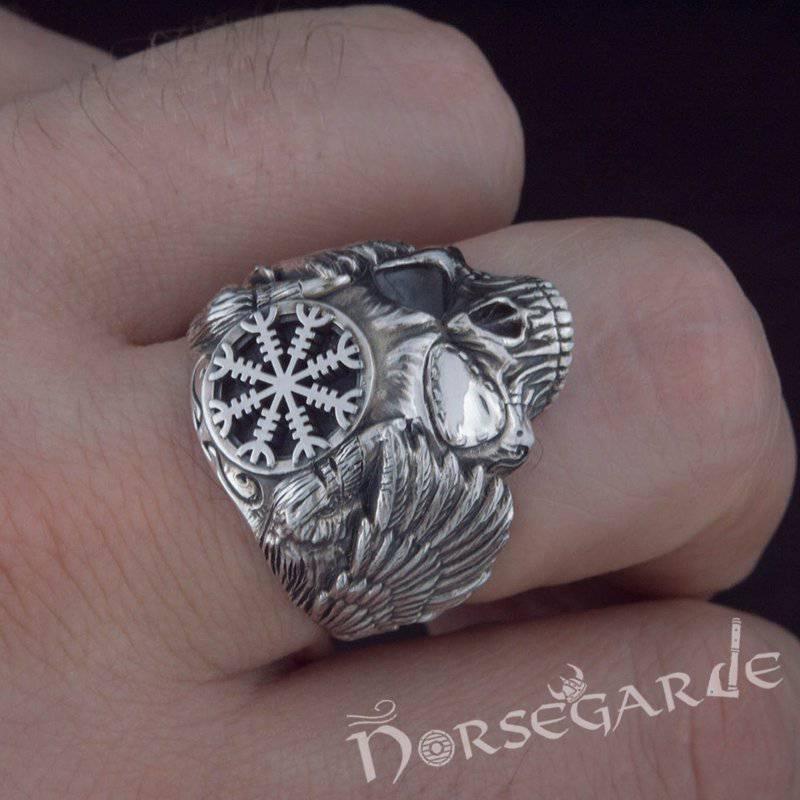 Handcrafted Helm of Awe Skull and Ravens Ring - Sterling Silver