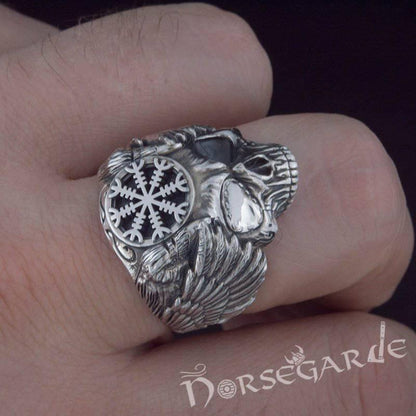 Handcrafted Helm of Awe Skull and Ravens Ring - Sterling Silver