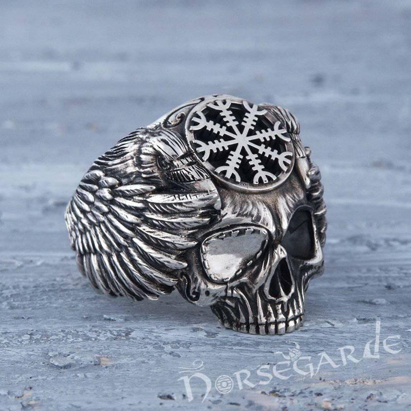 Handcrafted Helm of Awe Skull and Ravens Ring - Sterling Silver
