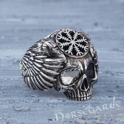 Handcrafted Helm of Awe Skull and Ravens Ring - Sterling Silver